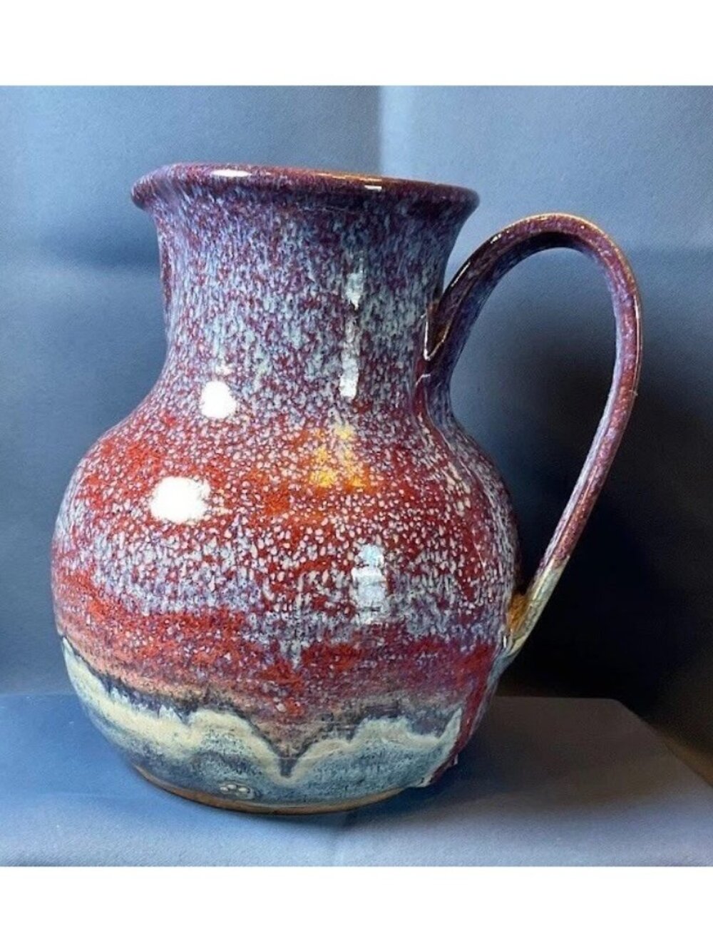 Vintage Studio Art Pottery Pitcher Drip Glaze Red Blue Handmade Jug Vase Rustic